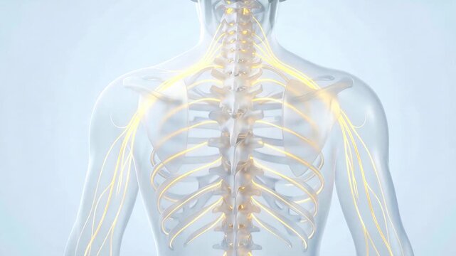 Human upper body nervous system signals traveling along spinal cord and branching peripheral nerves