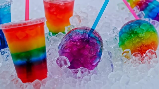Refreshing Rainbow Drinks and Colorful Ice Balls Displayed on a Bed of Crushed Ice