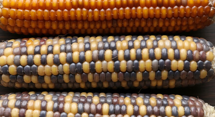 Colorful Glass Gem Corn Cobs Stacked on Dark Background