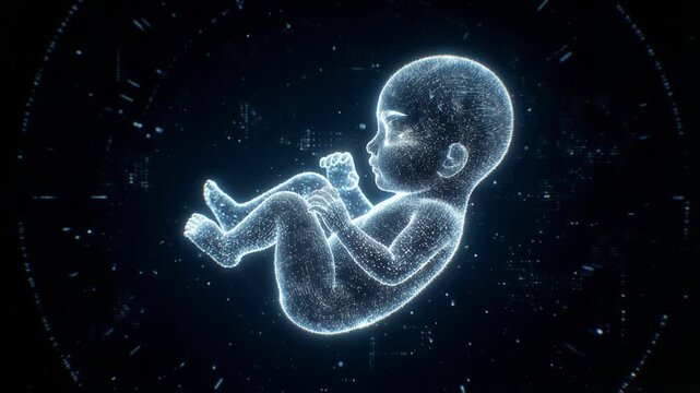 Glowing digital fetus floating and growing in a holographic medical interface with data particles