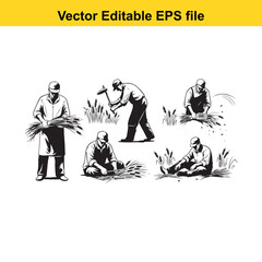  vintage style illustration of farmers working in the field