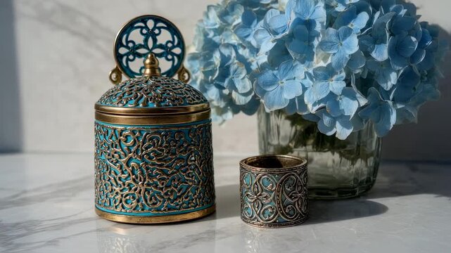 Elegant blue hydrangea bouquet paired with decorative containers on marble surface