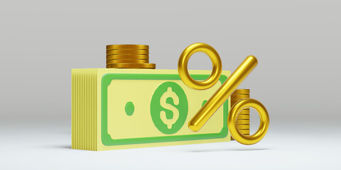 Money and precent. Coin. Rise of money. 3d template design. Space for text.