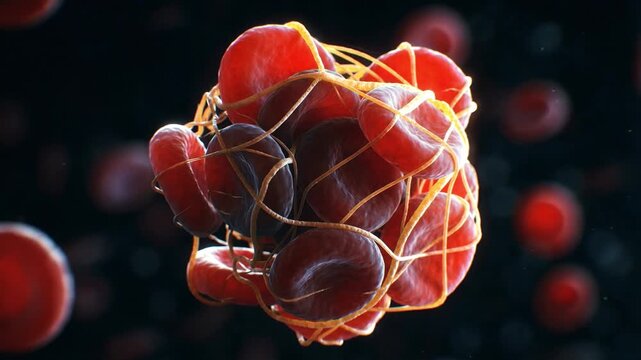 Blood clot forming as red blood cells and fibrin strands bind together and drift through bloodstream