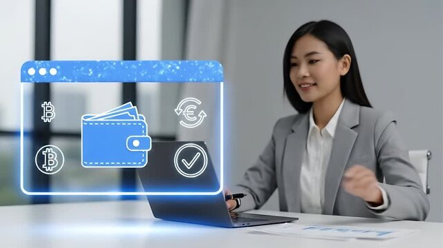 Businesswoman using digital wallet and cryptocurrency app