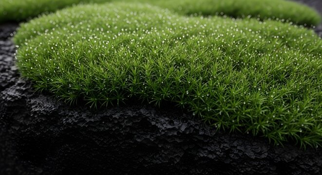 Close up of vibrant green moss growing on dark textured surface.