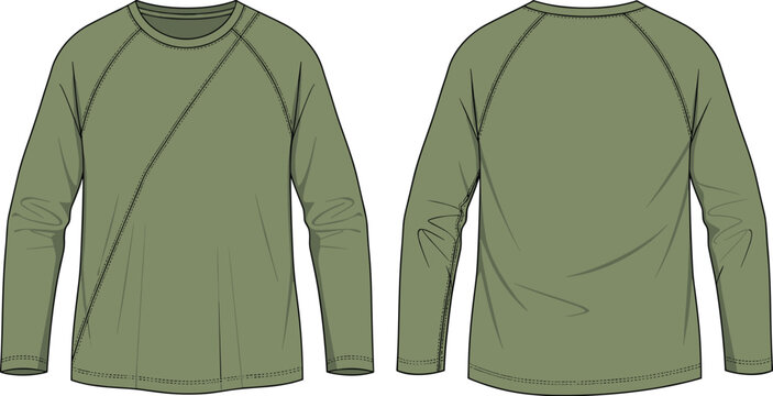 Olive Green Raglan Sleeve Longsleeve T-Shirt Fashion Technical Drawing: Versatile Design for Activewear and Casual Apparel Mockups, Front and Back Views for Design Templates