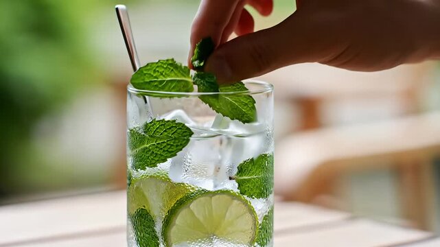 Refreshing mojito cocktail being prepared with fresh mint leaves and lime