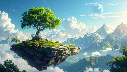 Floating tree on mountain island surreal landscape dreamy nature fantasy concept