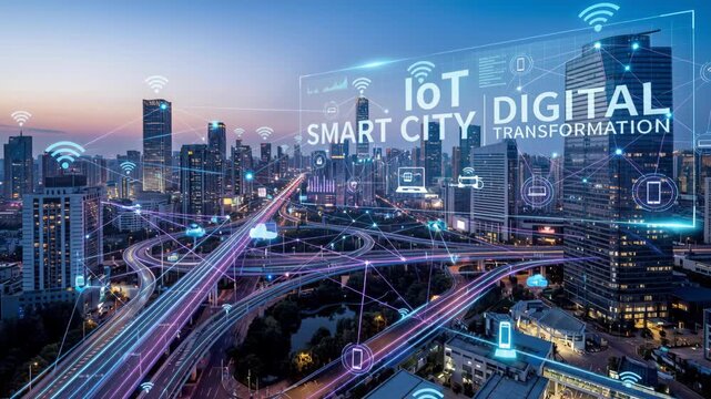 IoT technology smart city digital transformation connected infrastructure with glowing data paths connecting sensors vehicles buildings