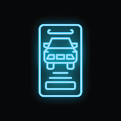 Fototapeta premium Glowing blue neon icon of a smartphone displaying a car sharing app interface on a black background