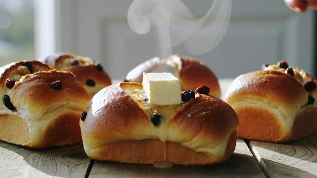Ultra-realistic cinematic video of freshly baked hot cross buns with melting butter under warm morning light. Perfect for Easter promotions, bakery advertising, holiday food campaigns, restaurant menu