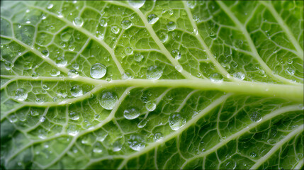 Obraz premium Macro Close Up of Spring Cabbage Leaf Veins with Water Droplets – Japanese Seasonal Texture