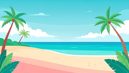 Obraz premium Tropical beach paradise with palm trees and turquoise ocean under sunny blue sky