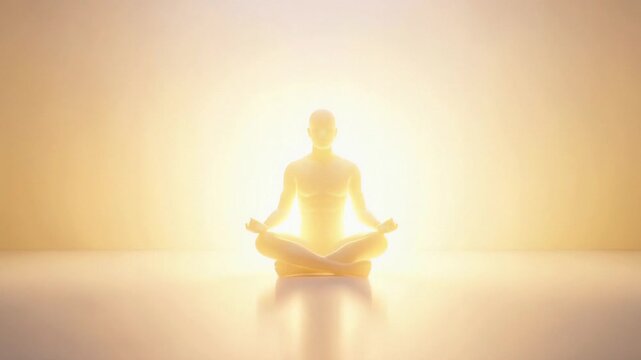 Glowing human figure meditating in lotus pose as bright light radiates outward in a calm empty space