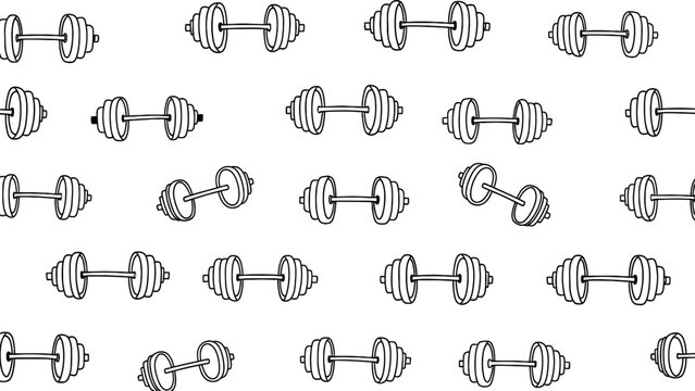 Handdrawn dumbbell fitness pattern illustration for gym workout equipment background design featuring sports and weightlifting elements