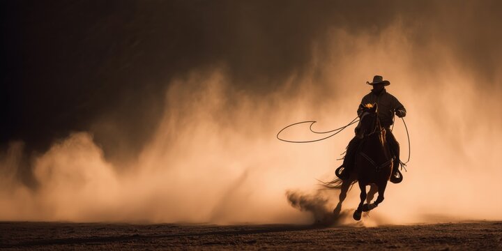 Cowboy riding horse through desert dust at sunset, western lifestyle action scene