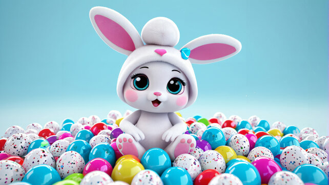 Kleiner wei&szlig;er Osterhase sitzt auf einem gro&szlig;en Haufen bunter Ostereier