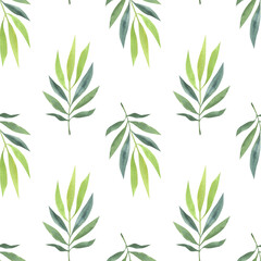 Fototapeta premium Seamless pattern with hand-painted watercolor green leaves. Spring and summer collection of colorful plants in a simple style.