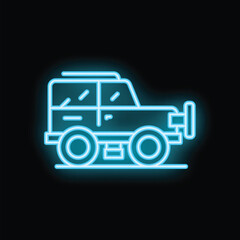 Fototapeta premium Neon blue off road vehicle icon glowing on black background, representing adventure and exploration