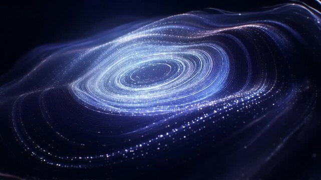 Glowing spiral particle field flowing in a circular vortex over a dark space background with drifting light dust