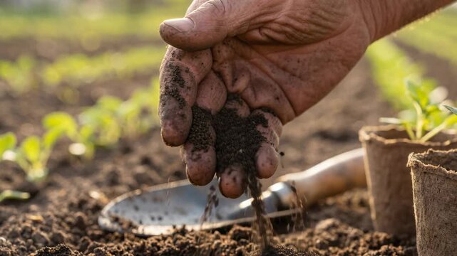 Agriculture soil gardener hand fertilizer planting seedling garden trowel nurturing young plant growth with peat pots rich dark earth texture organic