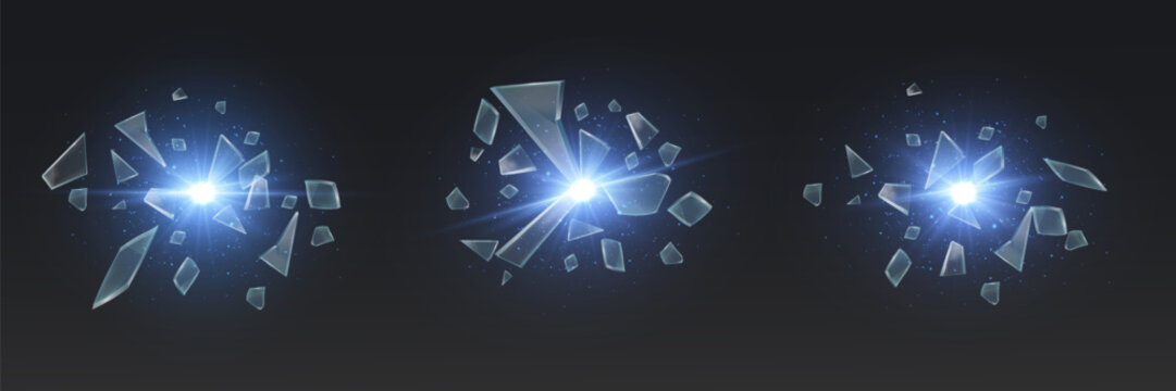 Broken glass shards flying with blue light explosion