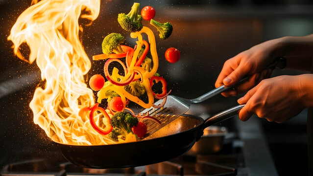 Chef's fiery cooking, fresh food