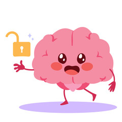 Obraz premium Cartoon vector illustration of a vital cute brain character with an open lock. Concept for mental health, freedom, emotional release, clarity and psychological wellbeing