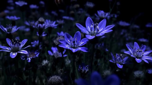 Bee pollinating blue wildflowers with cinematic lighting and shallow depth of field