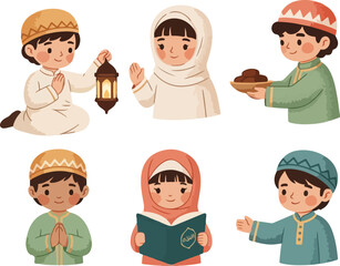 Cute Muslim Kids Character Set Doing Ramadan Activities and Islamic Worship Illustration