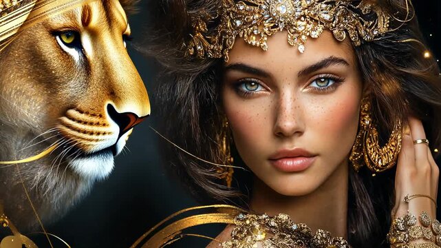Elegant woman in golden jewelry beside majestic lion with piercing eyes and royal fantasy atmosphere