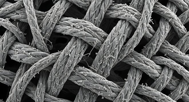 Close-up Macro View of Woven Textile Fibers Under Microscope.