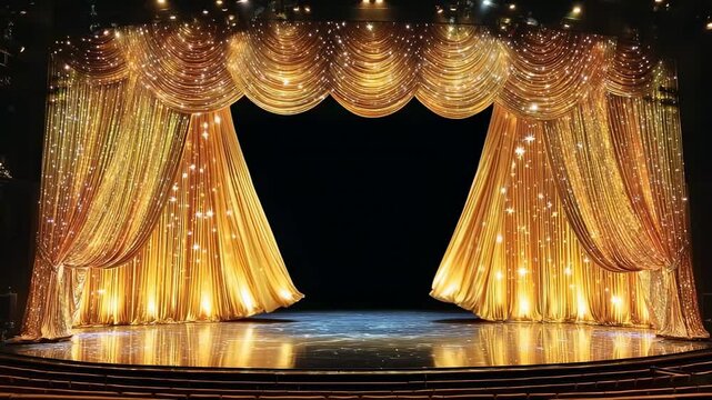 Luxurious golden theater stage with sparkling curtains open to dark backdrop and glowing lights on floor