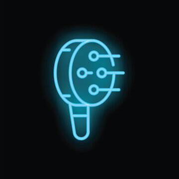 Blue neon icon of a round hairbrush glowing on black background representing hairdressing and beauty