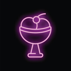 Bright pink neon sign is glowing in the dark showing a delicious ice cream sundae with a cherry on top