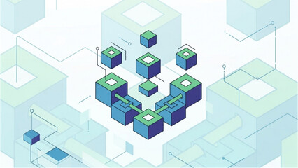 Obraz premium Network of interconnected blue cubes with green tops in a 3D isometric environment viewed from above