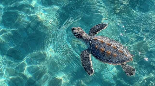 Baby green turtle gliding through the ocean, creating reflections under bright sunlight and clear blue water