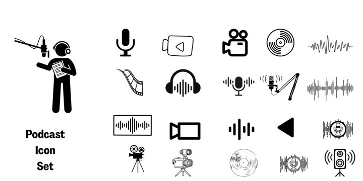 Digital Media Icon Collection Featuring Audio Waves Vinyl Records and Video Production Symbols