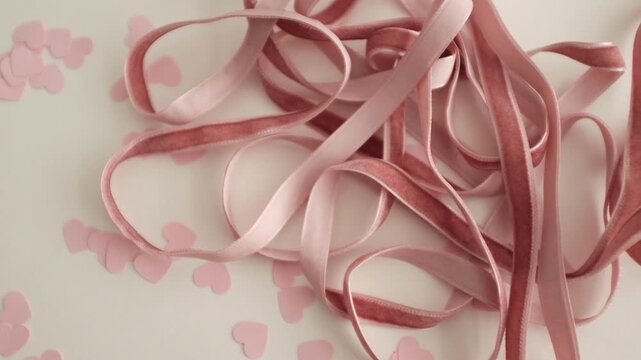 Light ping velvet ribbon. Wedding, baby shower, birthday gift wrap decoration. Aesthetic elegant party decor or gift wrap.