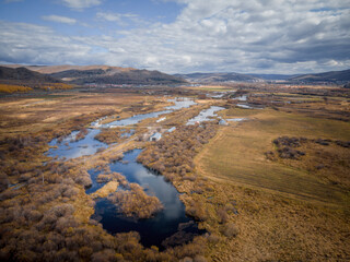 Aerial view of Arxan, Inner Mongolia, China in late autumn.
