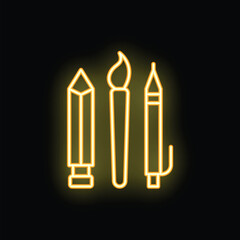 Fototapeta premium Neon sign depicting art supplies glowing yellow on a black background
