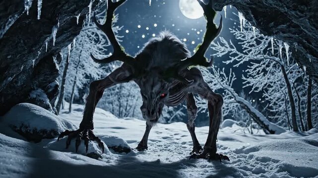 Wendigo monster crawling from a dark cave in a snowy forest. Glowing red eyes and cold breath under a full moon at night. Horror creature concept