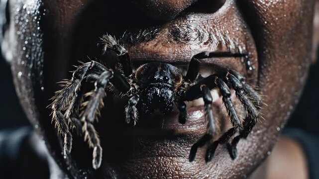 Close-up of a tarantula spider emerging from a person's mouth. Horror and fear concept. Unsettling and creepy visual