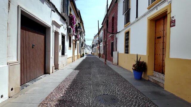 Sunny establishing shot of the quiet pedestrian shopping street, Calle Cruz Conde, in Cordoba, Spain, featuring traditional historical architecture and a lone walker.