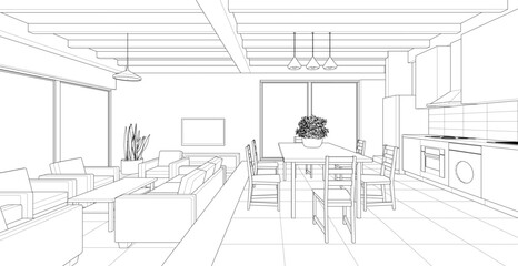 Fototapeta premium housing interior kitchen living room 3d illustration