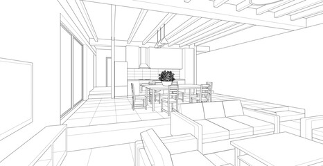 Obraz premium housing interior kitchen living room 3d illustration