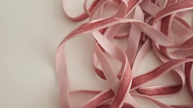 Closeup video of light pink velvet ribbon. Wedding, baby shower, birthday gift wrap decoration. Aesthetic elegant party decor or gift wrap.