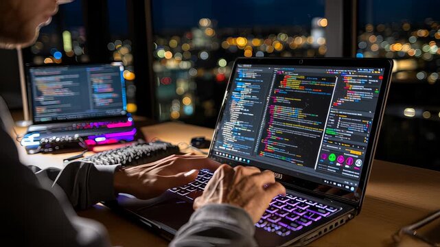 Programmer coding at night with city lights