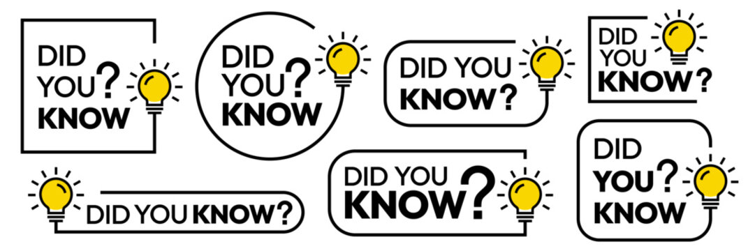 Did you know box frame big set. Did you know text in speech bubble blank template with message and question. Box frame with bulb icons, badge, label, flat vector, isolated illustration.